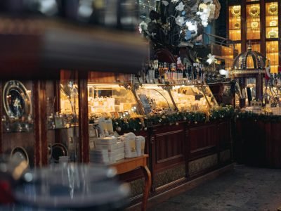 store counters with candies and marzipan. Christmas shopping concept. Selective focus.